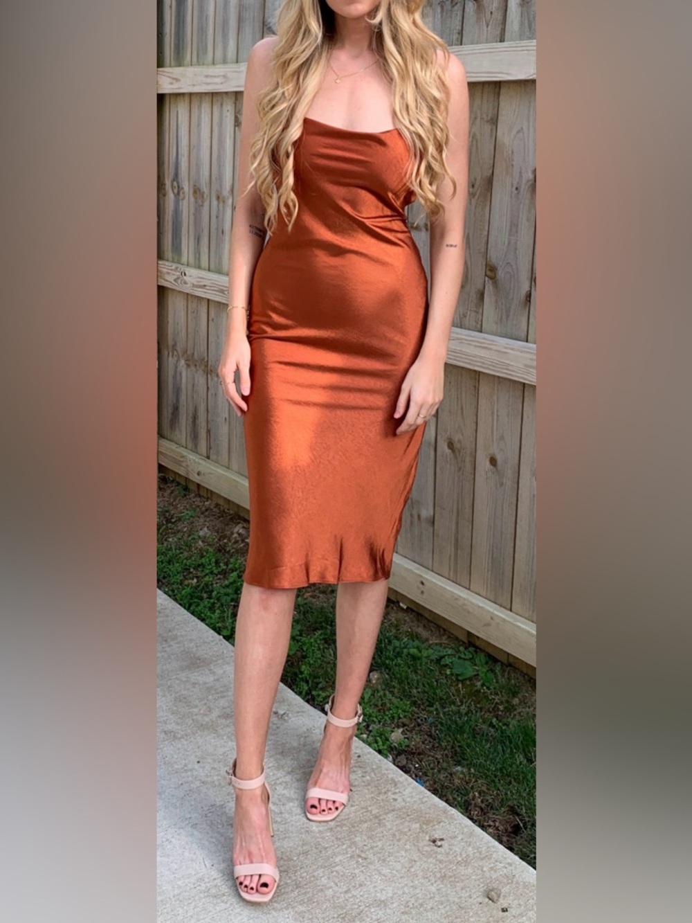 Copper Satin Midi dress with strappy back